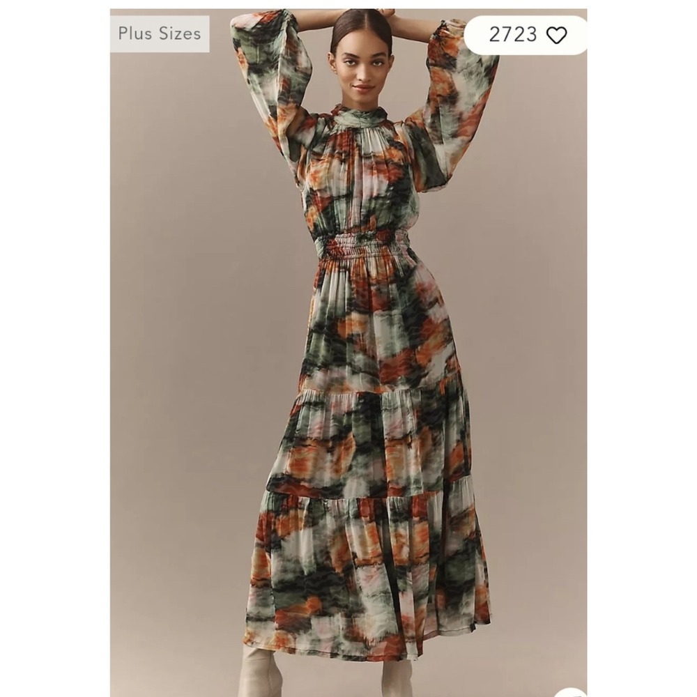 Anthropologie Somerset Maxi Dress Multi Color Abstract Smocked Tiered Size M